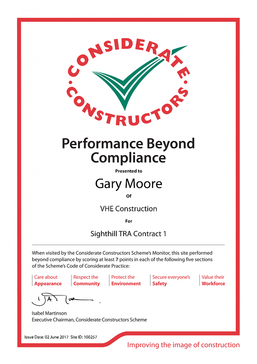 VHE awarded Performance Beyond Compliance Certification