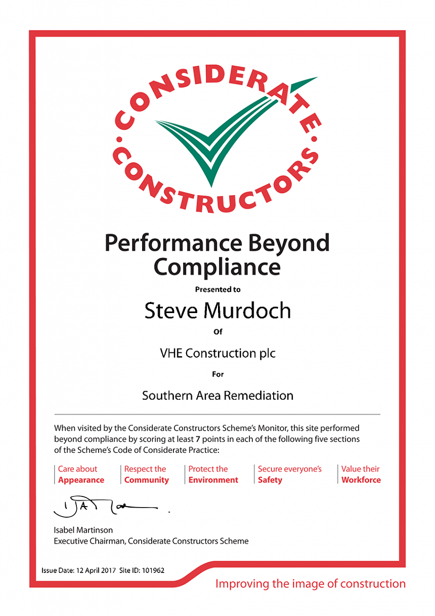 VHE Awarded Performance Beyond Compliance Certification